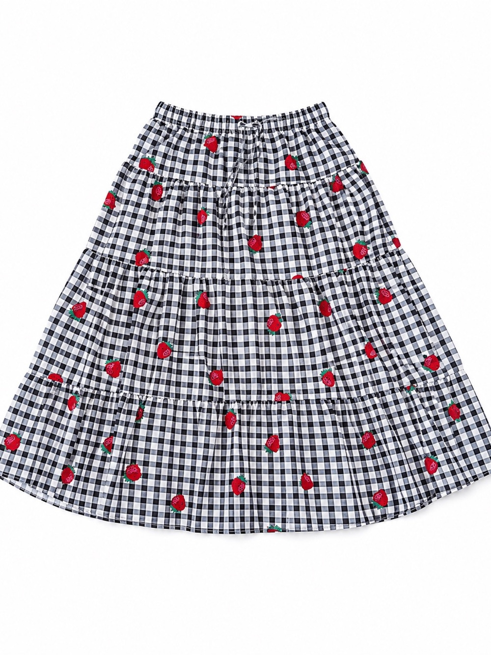 SHEIN Black & White Gingham Tiered Maxi Skirt with Red Strawberry Embroidery